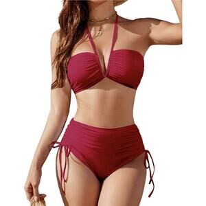 Blooming Jelly High Waisted Bikini 2 Pc Tummy Control Red Woman’s L NWT